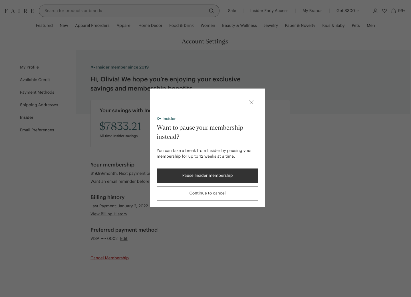 Pause membership screen